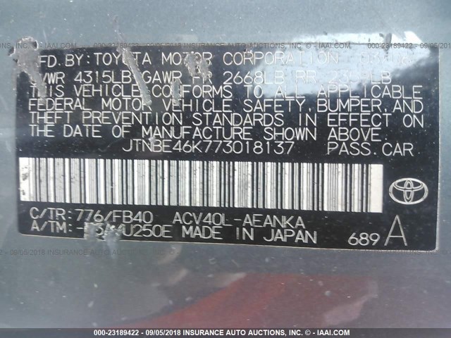 JTNBE46K773018137 - 2007 TOYOTA CAMRY NEW GENERAT CE/LE/XLE/SE GREEN photo 9