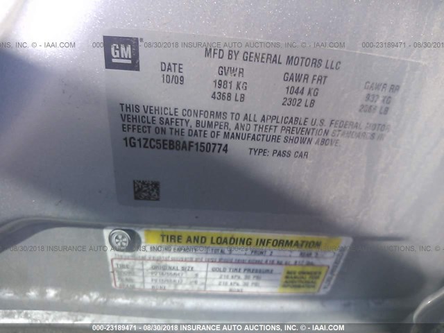 1G1ZC5EB8AF150774 - 2010 CHEVROLET MALIBU 1LT 银色 照片 9