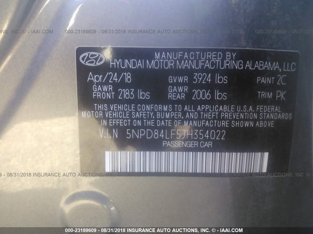 5NPD84LF5JH354022 - 2018 HYUNDAI ELANTRA SEL/VALUE/LIMITED GRAY photo 9