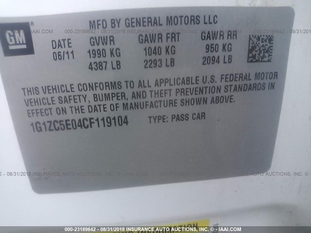 1G1ZC5E04CF119104 - 2012 CHEVROLET MALIBU 1LT თეთრი ფოტო 9