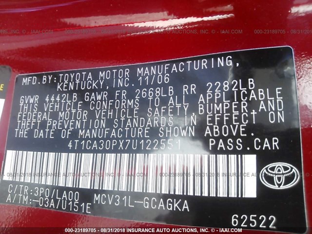 4T1CA30PX7U122551 - 2007 TOYOTA CAMRY SOLARA SE/SLE Qırmızı foto 9