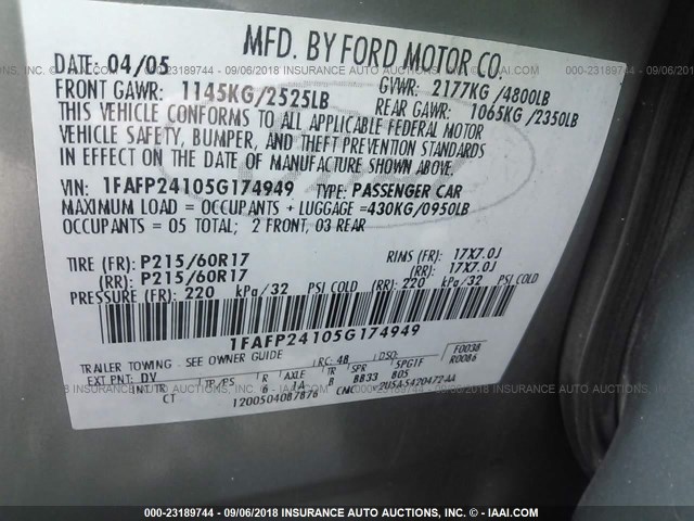 1FAFP24105G174949 - 2005 FORD FIVE HUNDRED SEL GRAY photo 9