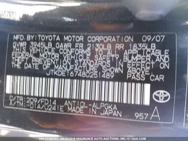 JTKDE167480251489 - 2008 TOYOTA SCION TC 黑色 照片 9
