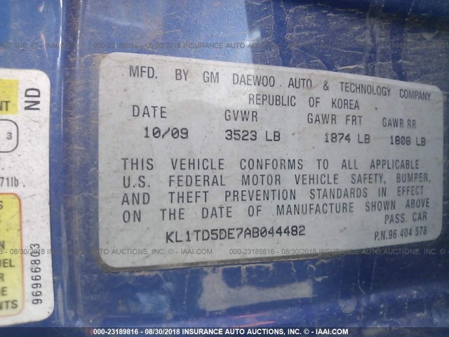 KL1TD5DE7AB044482 - 2010 CHEVROLET AVEO LS/LT Көк фото 9