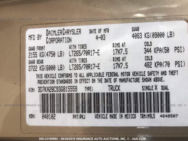 3D7KA28C93G815559 - 2003 DODGE RAM 2500 ST/SLT 金色 照片 9