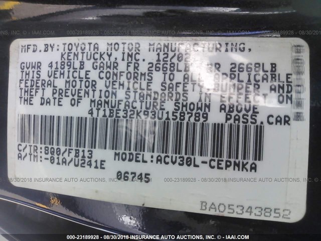 4T1BE32K93U158789 - 2003 TOYOTA CAMRY LE/XLE/SE Mavi foto 9