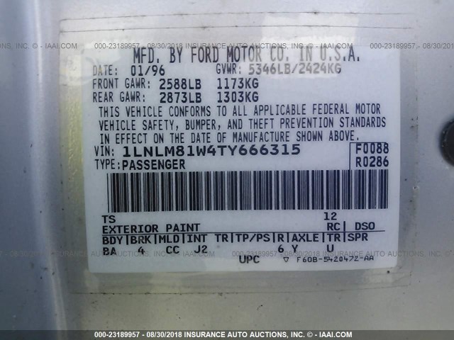 1LNLM81W4TY666315 - 1996 LINCOLN TOWN CAR EXECUTIVE GRAY photo 9