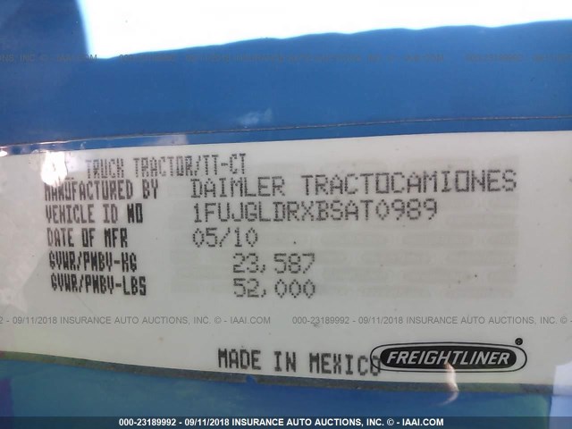 1FUJGLDRXBSAT0989 - 2011 FREIGHTLINER CASCADIA 125  Unknown photo 10