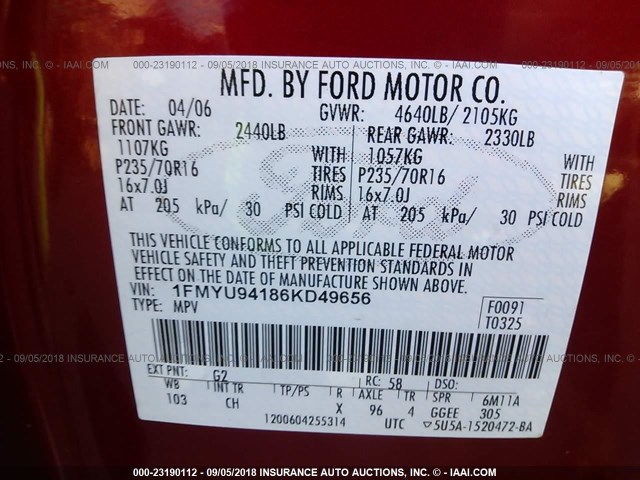 1FMYU94186KD49656 - 2006 FORD ESCAPE LIMITED RED photo 9