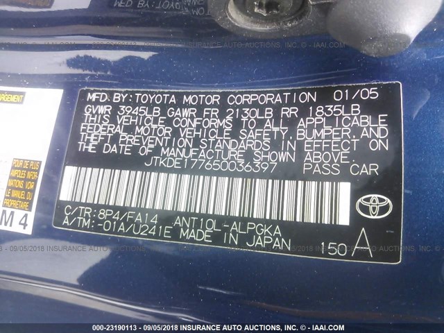 JTKDE177650036397 - 2005 TOYOTA SCION TC 蓝色 照片 9