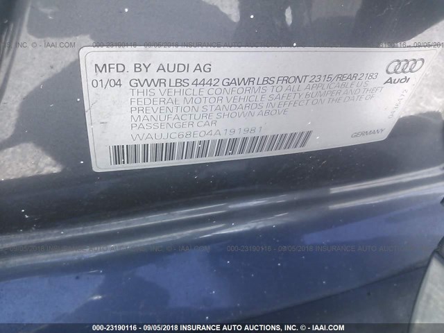 WAUJC68E04A191981 - 2004 AUDI A4 1.8T GRAY photo 9