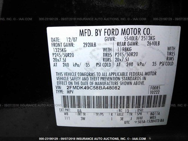 2FMDK49C58BA48082 - 2008 FORD EDGE LIMITED BLACK photo 9