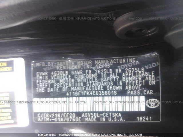 4T1BF1FK4EU356016 - 2014 TOYOTA CAMRY L/SE/LE/XLE შავი ფოტო 9