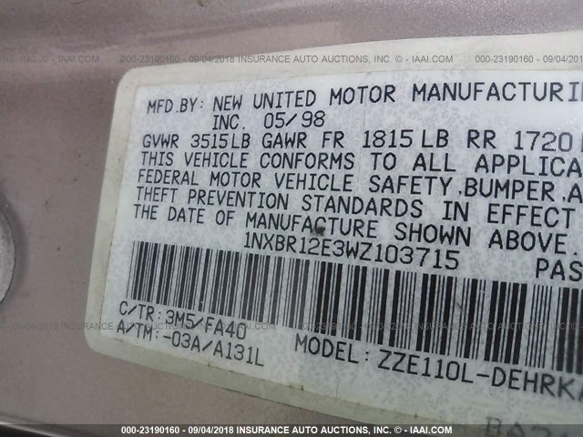 1NXBR12E3WZ103715 - 1998 TOYOTA COROLLA VE/CE/LE 金色 照片 9