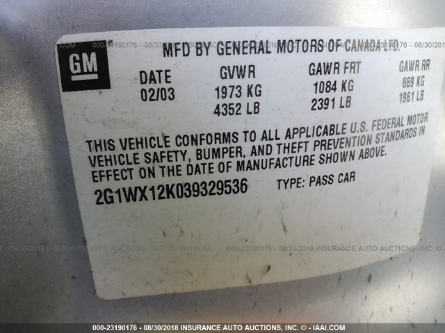 2G1WX12K039329536 - 2003 CHEVROLET MONTE CARLO SS 银色 照片 9