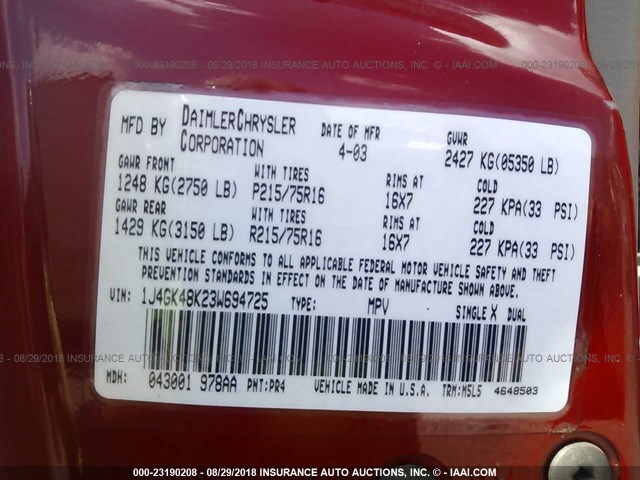 1J4GK48K23W694725 - 2003 JEEP LIBERTY SPORT/FREEDOM წითელი ფოტო 9