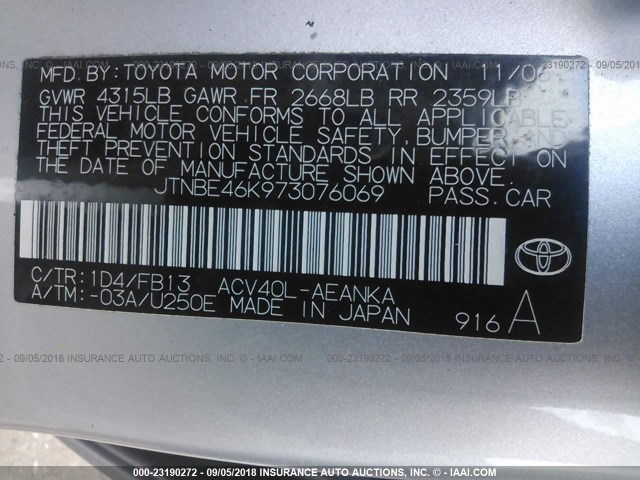 JTNBE46K973076069 - 2007 TOYOTA CAMRY NEW GENERAT CE/LE/XLE/SE SILVER photo 9