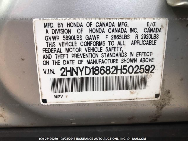 2HNYD18682H502592 - 2002 ACURA MDX TOURING SILVER photo 9