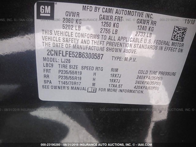 2CNFLFE52B6300587 - 2011 CHEVROLET EQUINOX LTZ BLACK photo 9