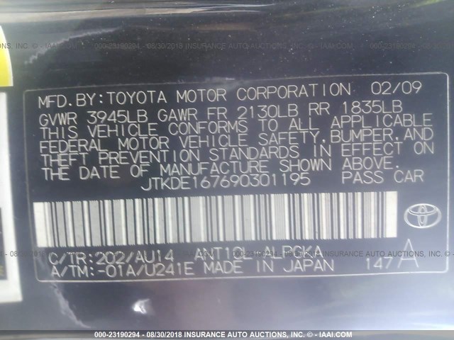 JTKDE167690301195 - 2009 TOYOTA SCION TC 黑色 照片 9