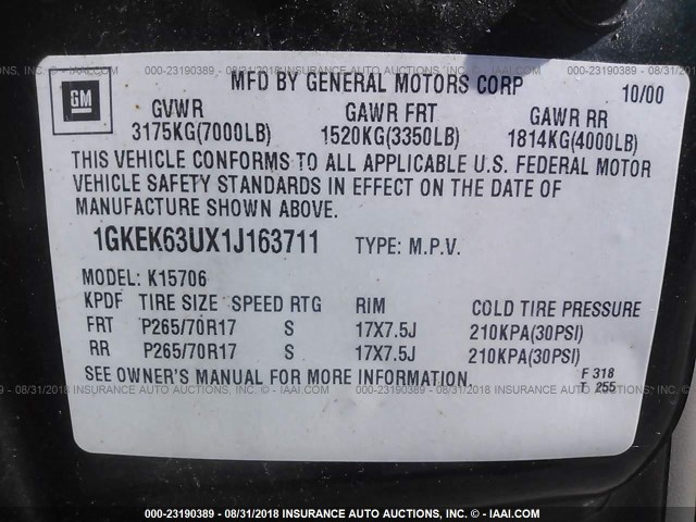 1GKEK63UX1J163711 - 2001 GMC DENALI GREEN photo 9