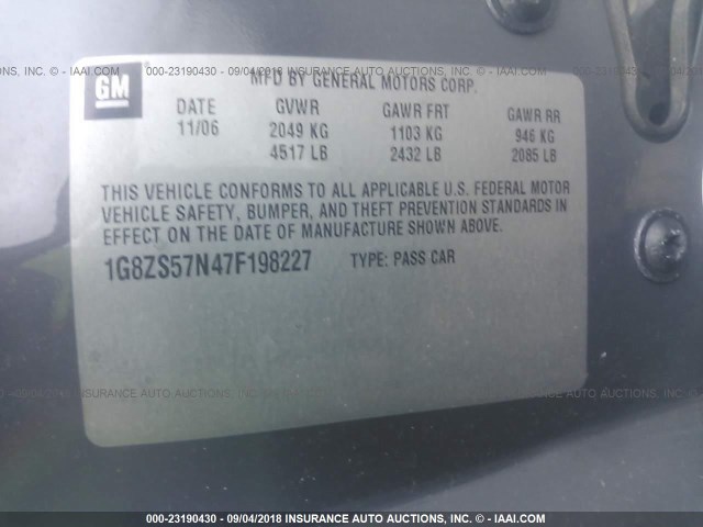 1G8ZS57N47F198227 - 2007 SATURN AURA XE GRAY photo 9