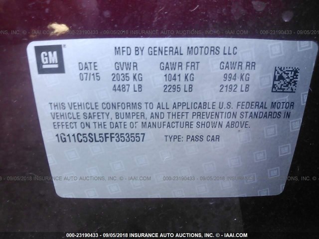 1G11C5SL5FF353557 - 2015 CHEVROLET MALIBU 1LT MAROON photo 9