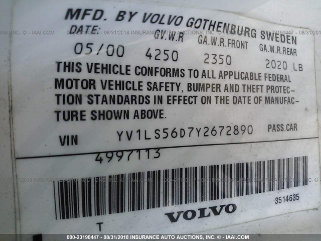 YV1LS56D7Y2672890 - 2000 VOLVO S70 GLT/SE WHITE photo 9