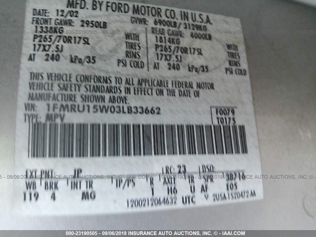 1FMRU15W03LB33662 - 2003 FORD EXPEDITION XLT Champagne photo 9