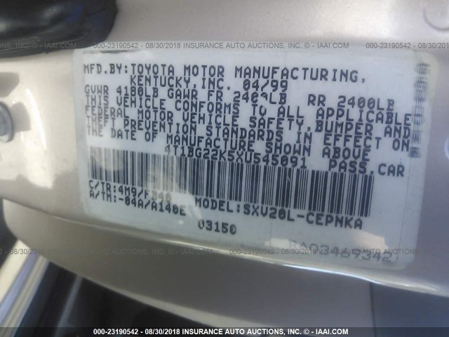 4T1BG22K5XU545091 - 1999 TOYOTA CAMRY CE/LE/XLE 金色 照片 9