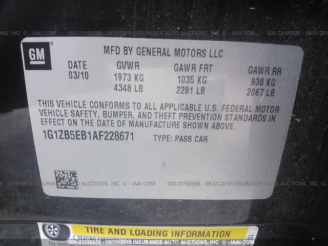 1G1ZB5EB1AF228671 - 2010 CHEVROLET MALIBU LS შავი ფოტო 9