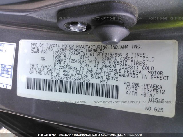 5TDZA23C54S087242 - 2004 TOYOTA SIENNA CE/LE GRAY photo 9