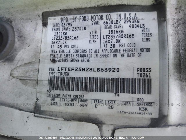 1FTEF25N2SLB63920 - 1995 FORD F250 WHITE photo 9