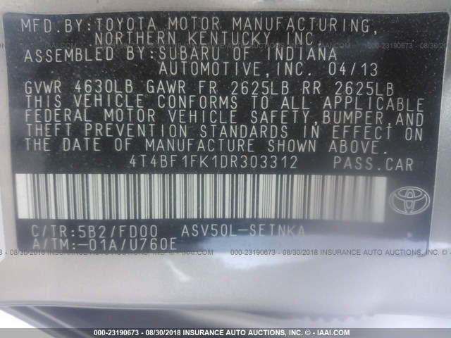 4T4BF1FK1DR303312 - 2013 TOYOTA CAMRY L/SE/LE/XLE Champagne photo 9