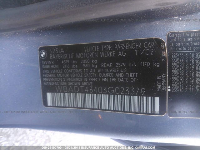 WBADT43403G023379 - 2003 BMW 525 I AUTOMATIC BLUE photo 9