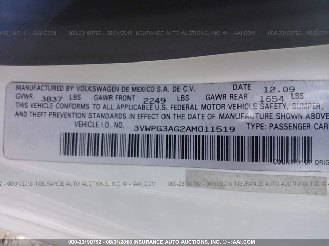 3VWPG3AG2AM011519 - 2010 VOLKSWAGEN NEW BEETLE 白色 照片 9