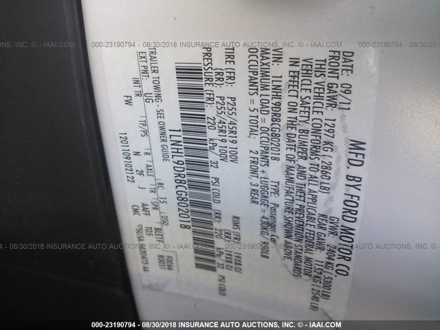 1LNHL9DR8CG802018 - 2012 LINCOLN MKS WHITE photo 9