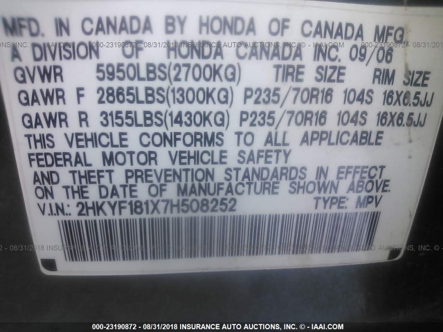 2HKYF181X7H508252 - 2007 HONDA PILOT LX GRAY photo 9