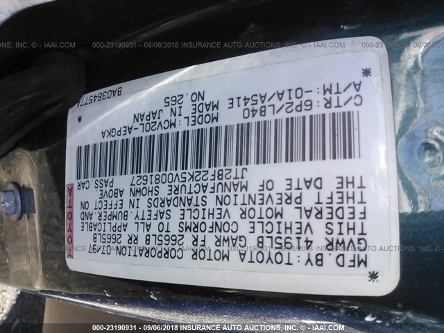 JT2BF22K5V0081627 - 1997 TOYOTA CAMRY LE/XLE GREEN photo 9