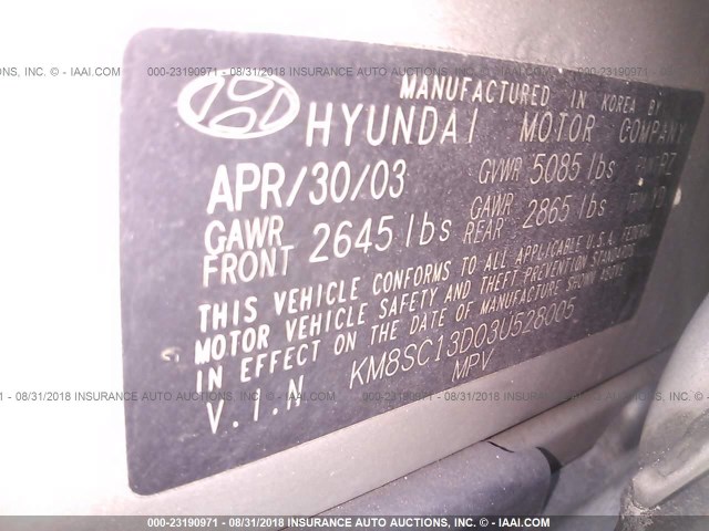 KM8SC13D03U528005 - 2003 HYUNDAI SANTA FE GLS/LX SILVER photo 9