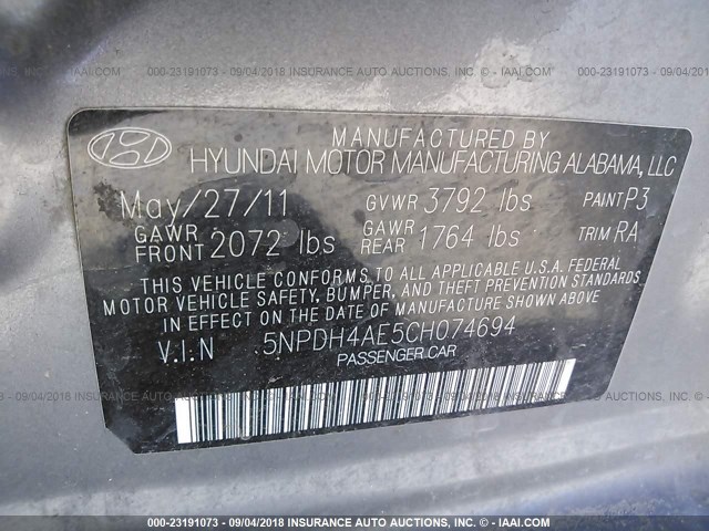 5NPDH4AE5CH074694 - 2012 HYUNDAI ELANTRA GLS/LIMITED GRAY photo 9