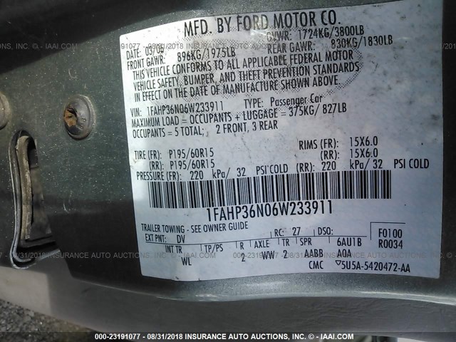 1FAHP36N06W233911 - 2006 FORD FOCUS ZXW GREEN photo 9