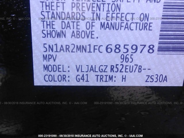 5N1AR2MN1FC685978 - 2015 NISSAN PATHFINDER S/SV/SL/PLATINUM BLACK photo 9