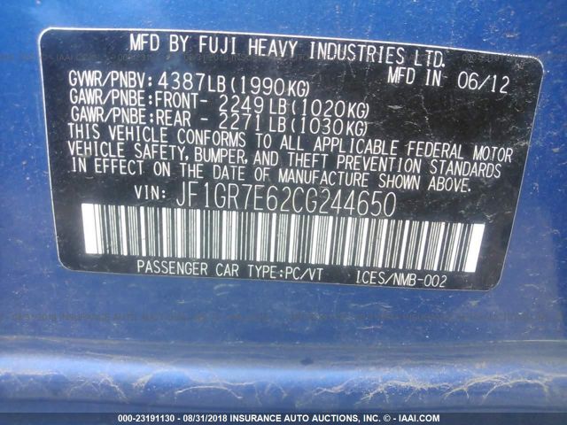 JF1GR7E62CG244650 - 2012 SUBARU IMPREZA WRX BLUE photo 9