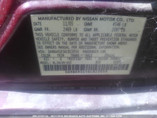 1N4BA41E56C822054 - 2006 NISSAN MAXIMA SE/SL RED photo 9