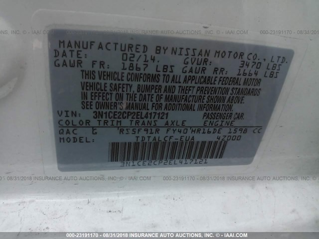 3N1CE2CP2EL417121 - 2014 NISSAN VERSA NOTE S/S PLUS/SV/SL WHITE photo 9