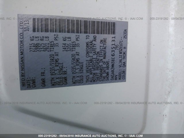 5N1AR2MN3EC635131 - 2014 NISSAN PATHFINDER S/SV/SL/PLATINUM WHITE photo 9