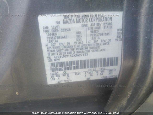 4F2YU09152KM27183 - 2002 MAZDA TRIBUTE LX/ES 蓝色 照片 9