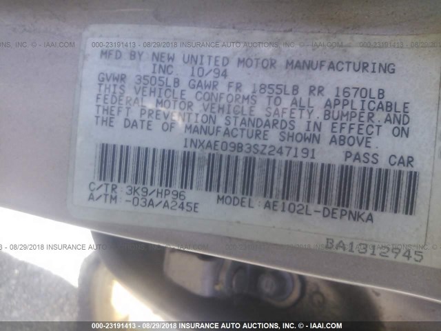 1NXAE09B3SZ247191 - 1995 TOYOTA COROLLA LE/DX ბეჟი ფოტო 9