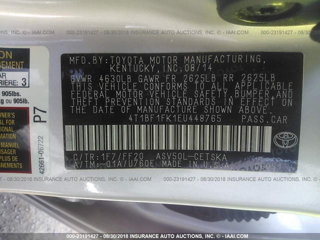 4T1BF1FK1EU448765 - 2014 TOYOTA CAMRY L/SE/LE/XLE 银色 照片 9